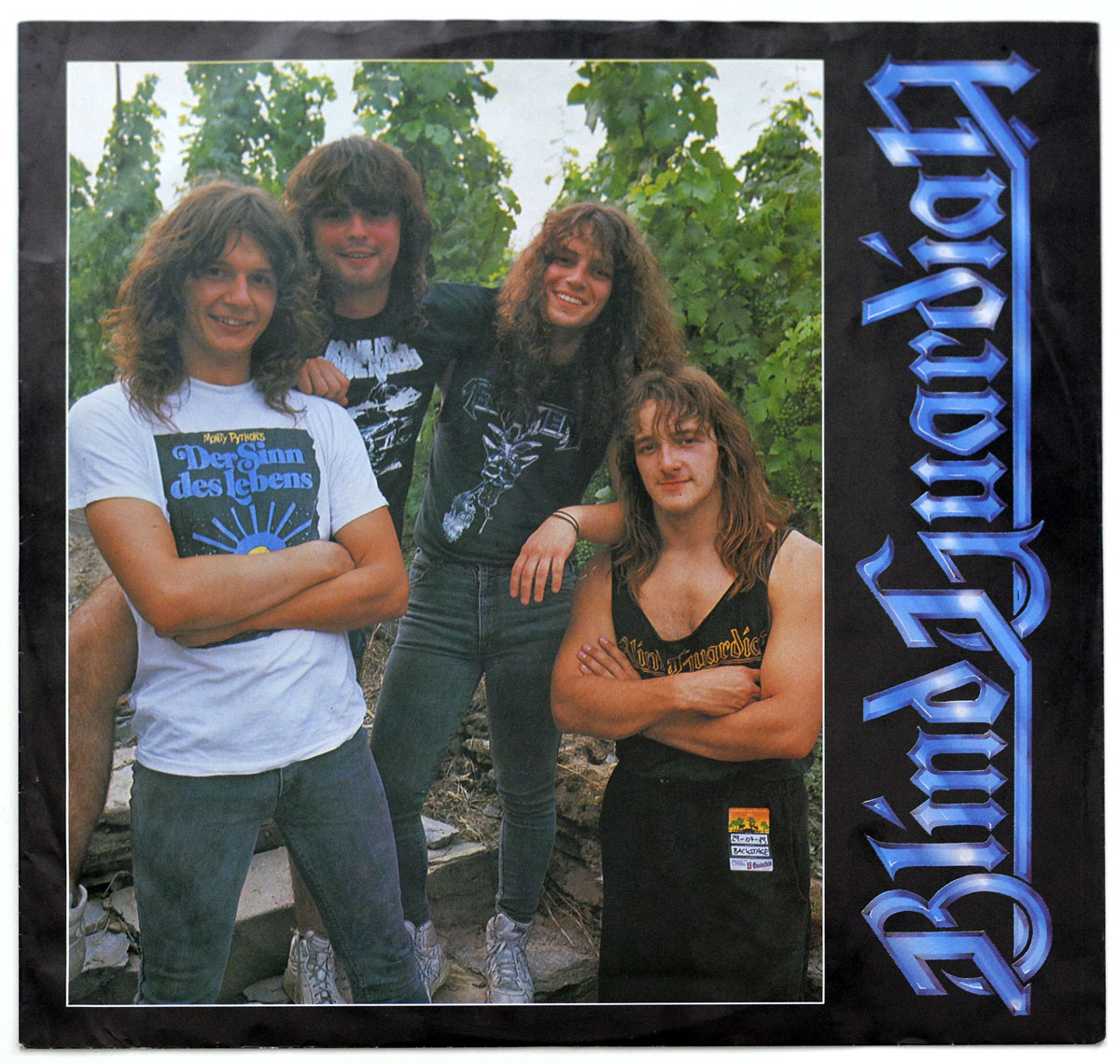 Blind Guardian band members posing outdoors in a vineyard, dressed in casual and band-related attire. They stand on rocky terrain with relaxed and confident expressions, their long hair and youthful energy capturing the essence of early '90s power metal.